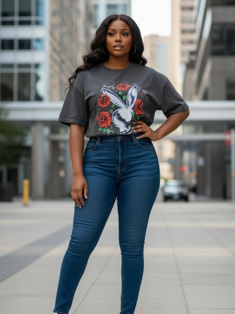 Fashion Nova Playboy Graphic Rose T-Shirt Charcoal Grey L/XL Oversized (EUC)